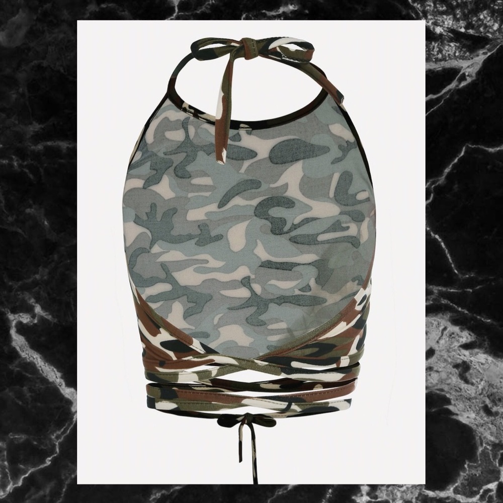 CAMO CRISSCROSS TIE DETAIL CROP TOP SZ M - Picture 2 of 5